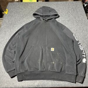 Carhartt Mens Hoodie L Loose Fit Black Spell Out Logo Distressed Splatter Grunge